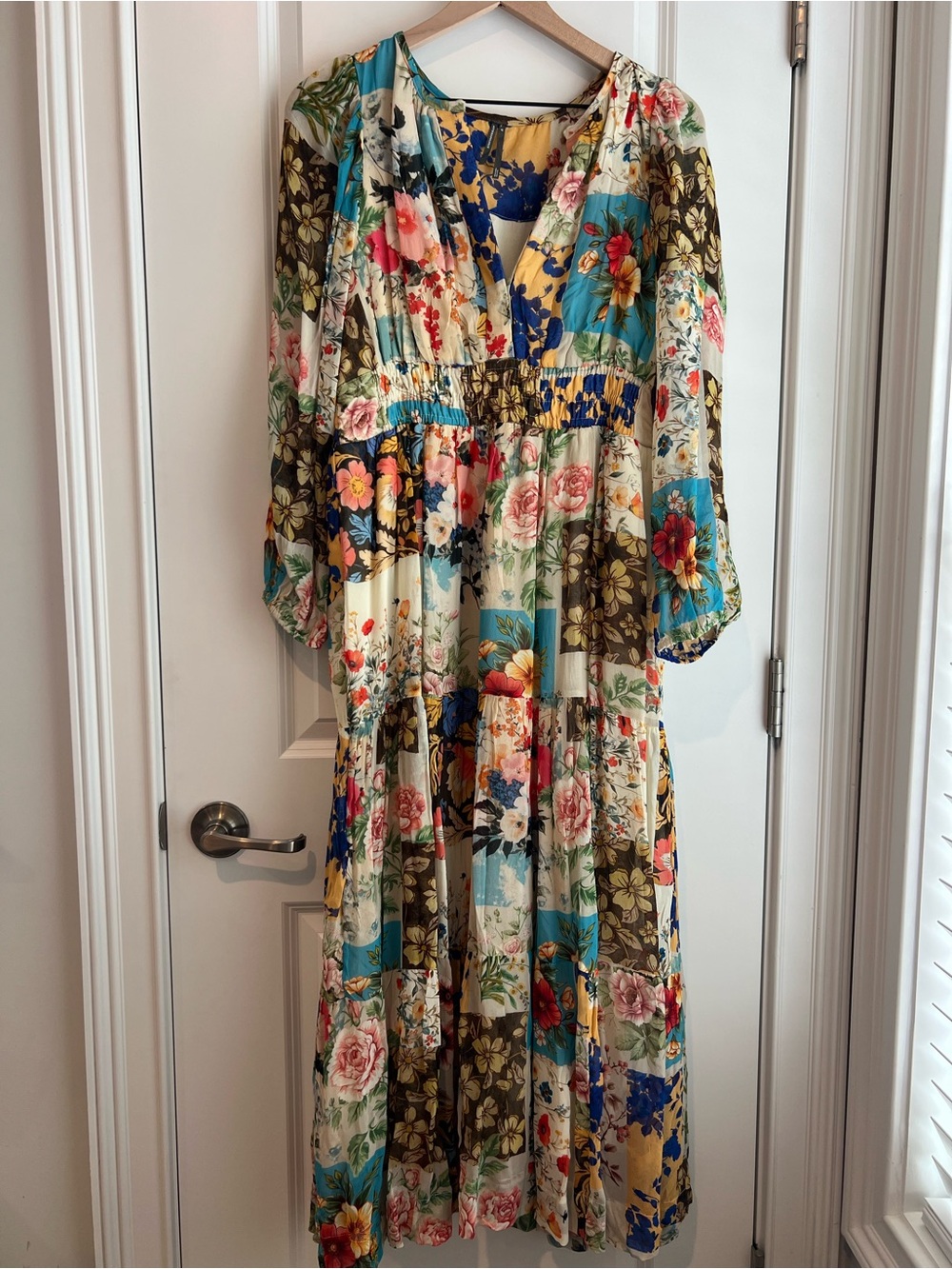 Anthropologie Floral Patchwork Maxi Dress in Cream, Blue, Green, Pink